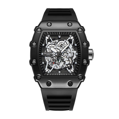 WLISTH YSD6147 Live Edition Men's High-Street Quartz Watch - 50x43mm Tonneau Case Mechanical Skeleton Dial 8H Date Rubber Strap Wristwatch