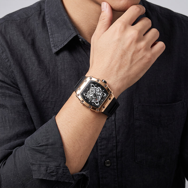 WLISTH YSD6147 Live Edition Men's High-Street Quartz Watch - 50x43mm Tonneau Case Mechanical Skeleton Dial 8H Date Rubber Strap Wristwatch