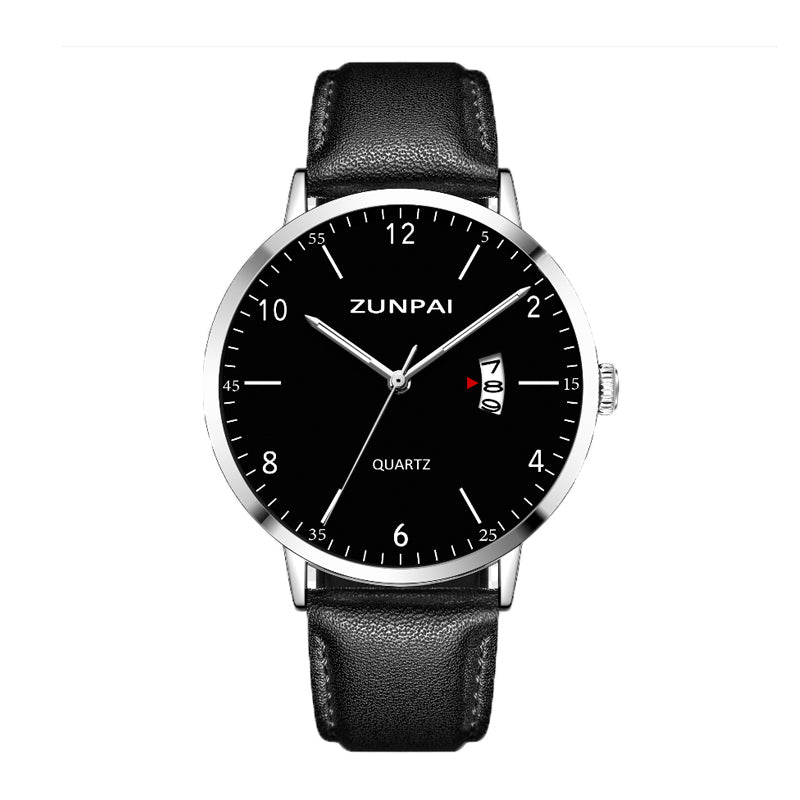 ZUNPAI ZP089 Quartz Watch - Live Edition Men's Minimalist 3-Hand Open Calendar Window Genuine Leather Strap Wristwatch