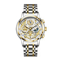 ZUNPAI ZP133 Live Edition Men's Skeleton Steampunk Chronograph Quartz Watch - 41.5mm Two-Tone Gold Case Sun & Moon Phase 4:30 Date 7-Link Stainless Steel Bracelet Wristwatch