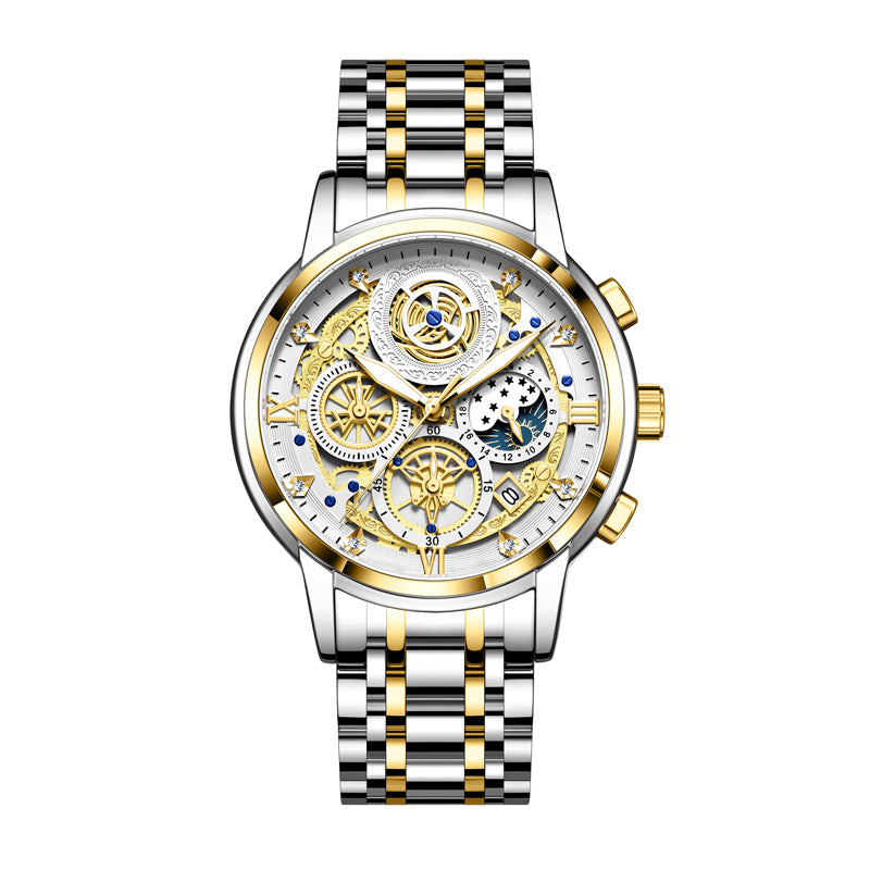 ZUNPAI ZP133 Live Edition Men's Skeleton Steampunk Chronograph Quartz Watch - 41.5mm Two-Tone Gold Case Sun & Moon Phase 4:30 Date 7-Link Stainless Steel Bracelet Wristwatch
