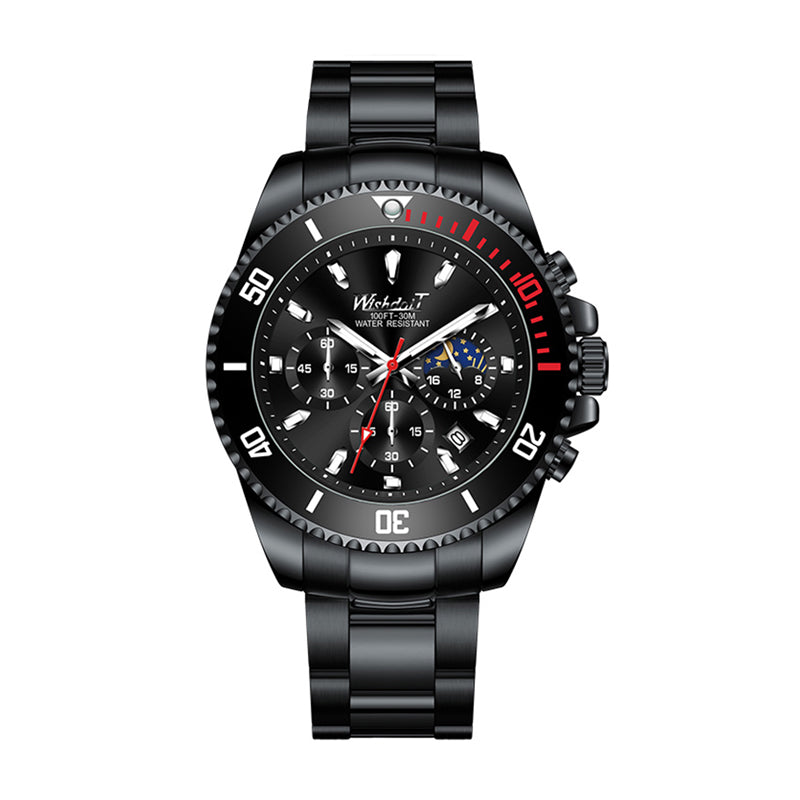 ZP156 Live Edition Men's Diver Sport Quartz Watch - 47mm Oversized Black Case Multi-Gauge Dial 4:30 Date Luminous Hands Metal Band Wristwatch