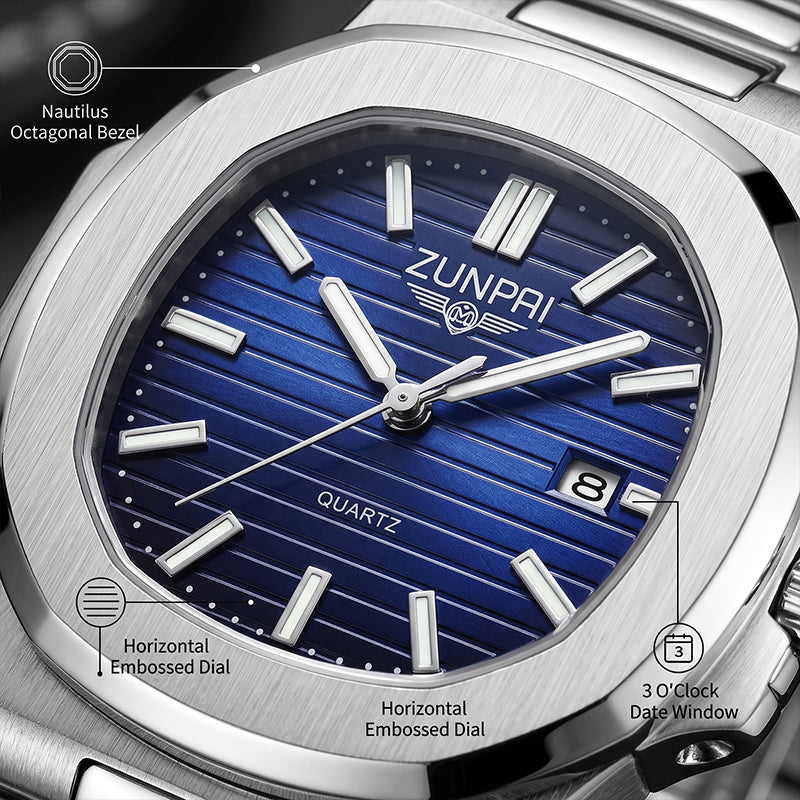 ZUNPAI ZP226 Live Edition Men's Nautilus Style Quartz Watch - 43mm Silver Case Horizontal Teak Pattern Dial Luminous Hands 3H Date Window Metal Band Wristwatch