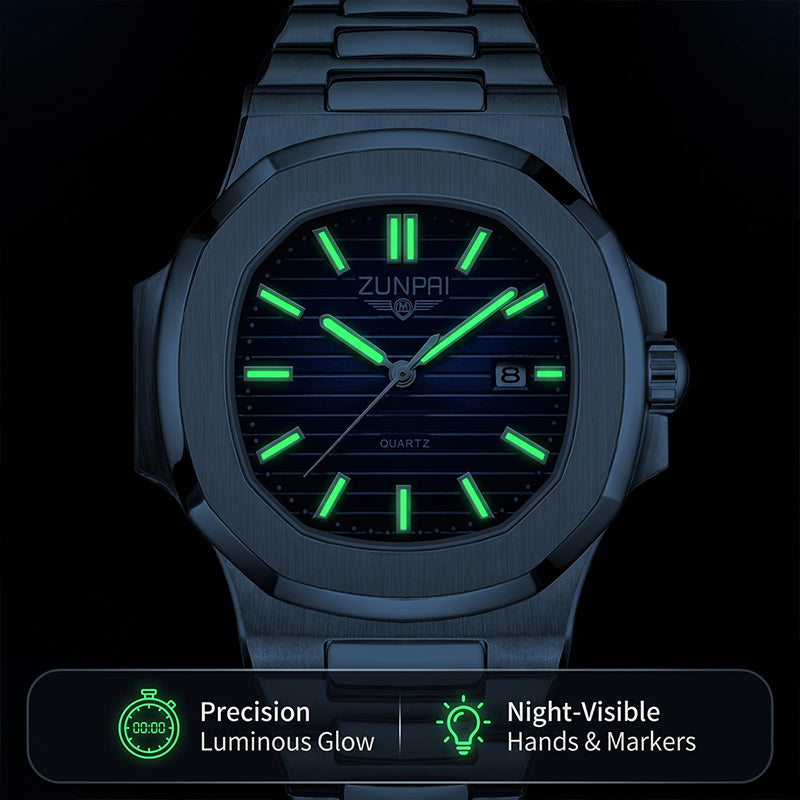 ZUNPAI ZP226 Live Edition Men's Nautilus Style Quartz Watch - 43mm Silver Case Horizontal Teak Pattern Dial Luminous Hands 3H Date Window Metal Band Wristwatch