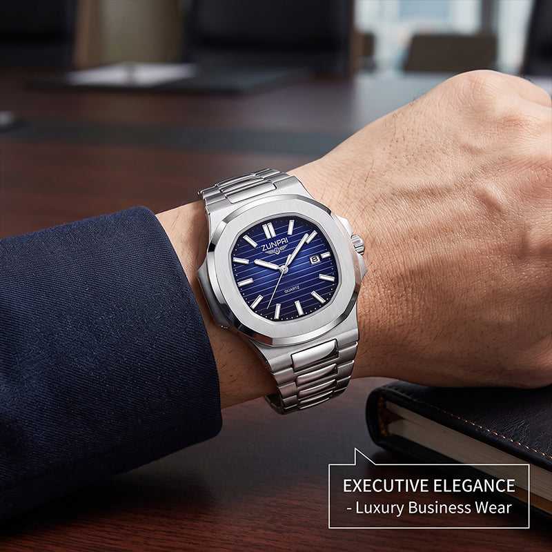 ZUNPAI ZP226 Live Edition Men's Nautilus Style Quartz Watch - 43mm Silver Case Horizontal Teak Pattern Dial Luminous Hands 3H Date Window Metal Band Wristwatch
