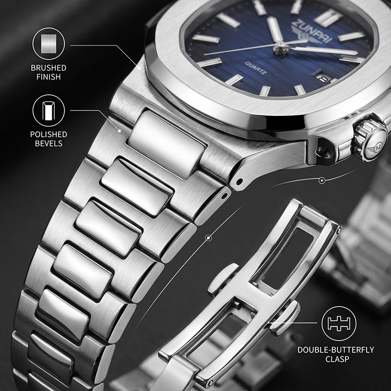 ZUNPAI ZP226 Live Edition Men's Nautilus Style Quartz Watch - 43mm Silver Case Horizontal Teak Pattern Dial Luminous Hands 3H Date Window Metal Band Wristwatch