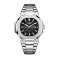 ZUNPAI ZP226 Live Edition Men's Nautilus Style Quartz Watch - 43mm Silver Case Horizontal Teak Pattern Dial Luminous Hands 3H Date Window Metal Band Wristwatch