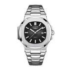 ZUNPAI ZP226 Live Edition Men's Nautilus Style Quartz Watch - 43mm Silver Case Horizontal Teak Pattern Dial Luminous Hands 3H Date Window Metal Band Wristwatch