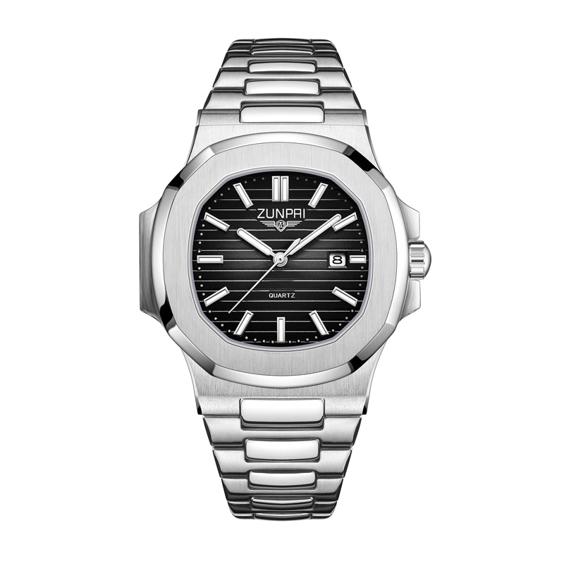 ZUNPAI ZP226 Live Edition Men's Nautilus Style Quartz Watch - 43mm Silver Case Horizontal Teak Pattern Dial Luminous Hands 3H Date Window Metal Band Wristwatch