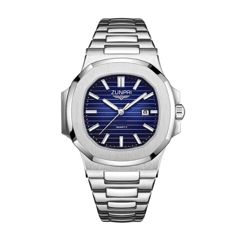 ZUNPAI ZP226 Live Edition Men's Nautilus Style Quartz Watch - 43mm Silver Case Horizontal Teak Pattern Dial Luminous Hands 3H Date Window Metal Band Wristwatch