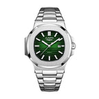 ZUNPAI ZP226 Live Edition Men's Nautilus Style Quartz Watch - 43mm Silver Case Horizontal Teak Pattern Dial Luminous Hands 3H Date Window Metal Band Wristwatch