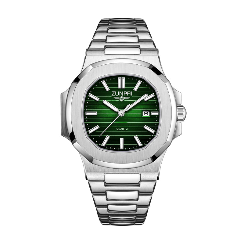 ZUNPAI ZP226 Live Edition Men's Nautilus Style Quartz Watch - 43mm Silver Case Horizontal Teak Pattern Dial Luminous Hands 3H Date Window Metal Band Wristwatch