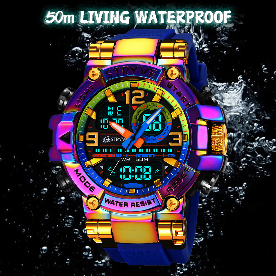 STRYVE S8025 Live Edition Men's Tactical Watch - Cyberpunk Oversized 55mm Armor Case Ana-Digi Dual Time Alarm Chronograph Sport TPU Strap Wristwatch