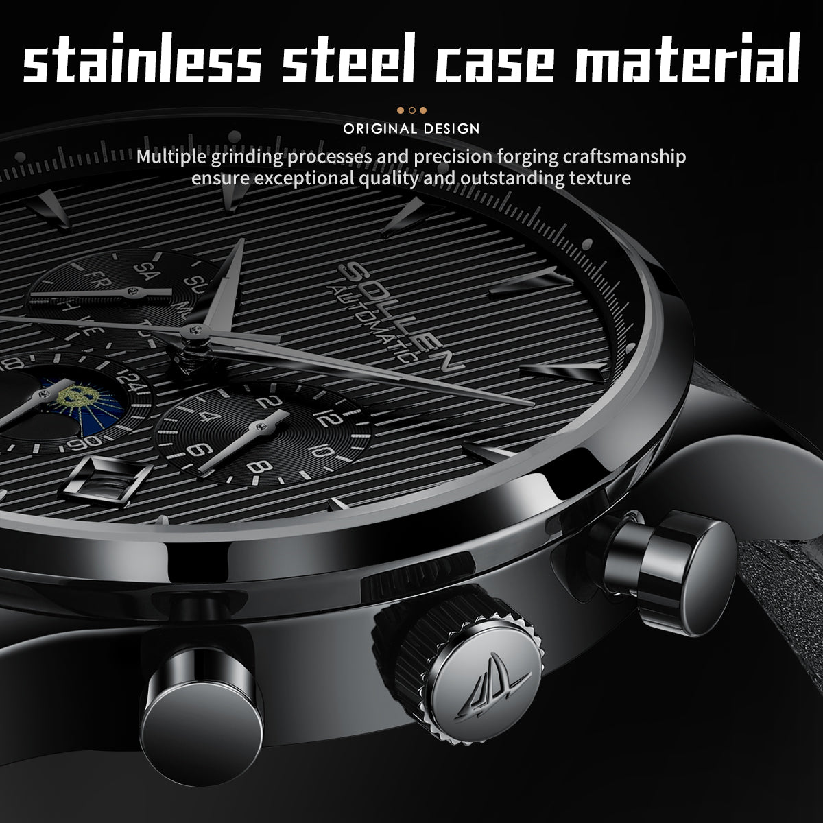 Sollen SL303 Men's Multi-Function Automatic Mechanical Watch - 41.5mm Stainless Steel Case Sun & Moon Phase Calendar Dial Wristwatch