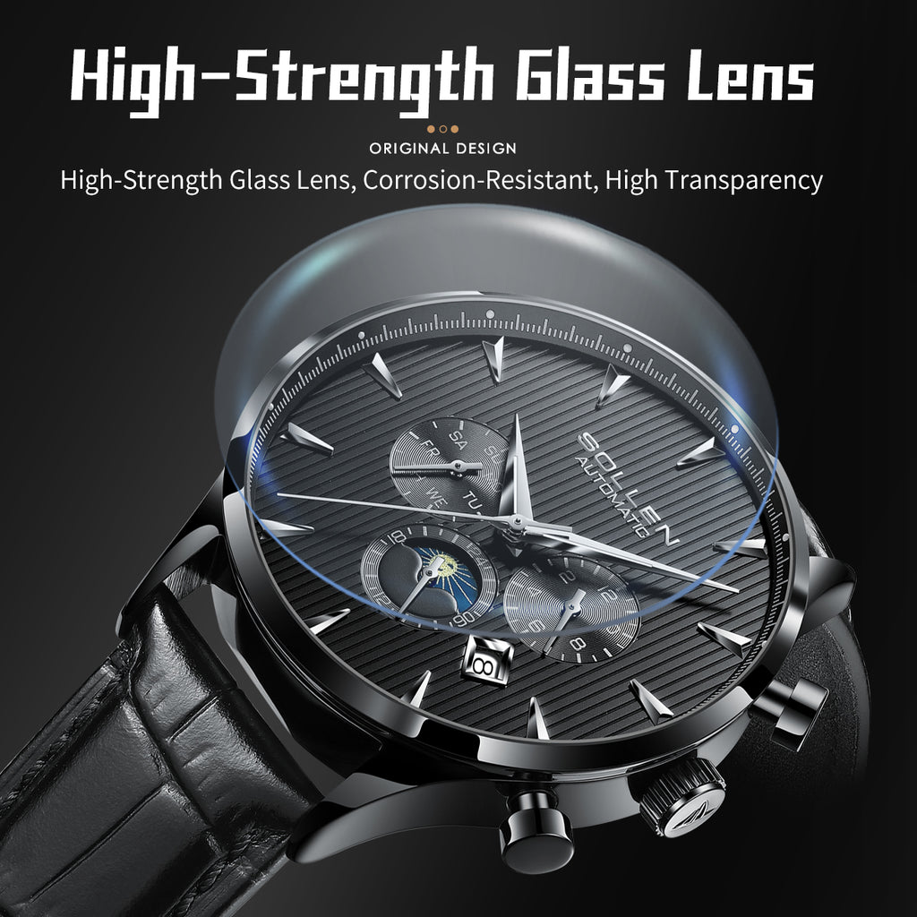 Sollen SL303 Men's Multi-Function Automatic Mechanical Watch - 41.5mm Stainless Steel Case Sun & Moon Phase Calendar Dial Wristwatch