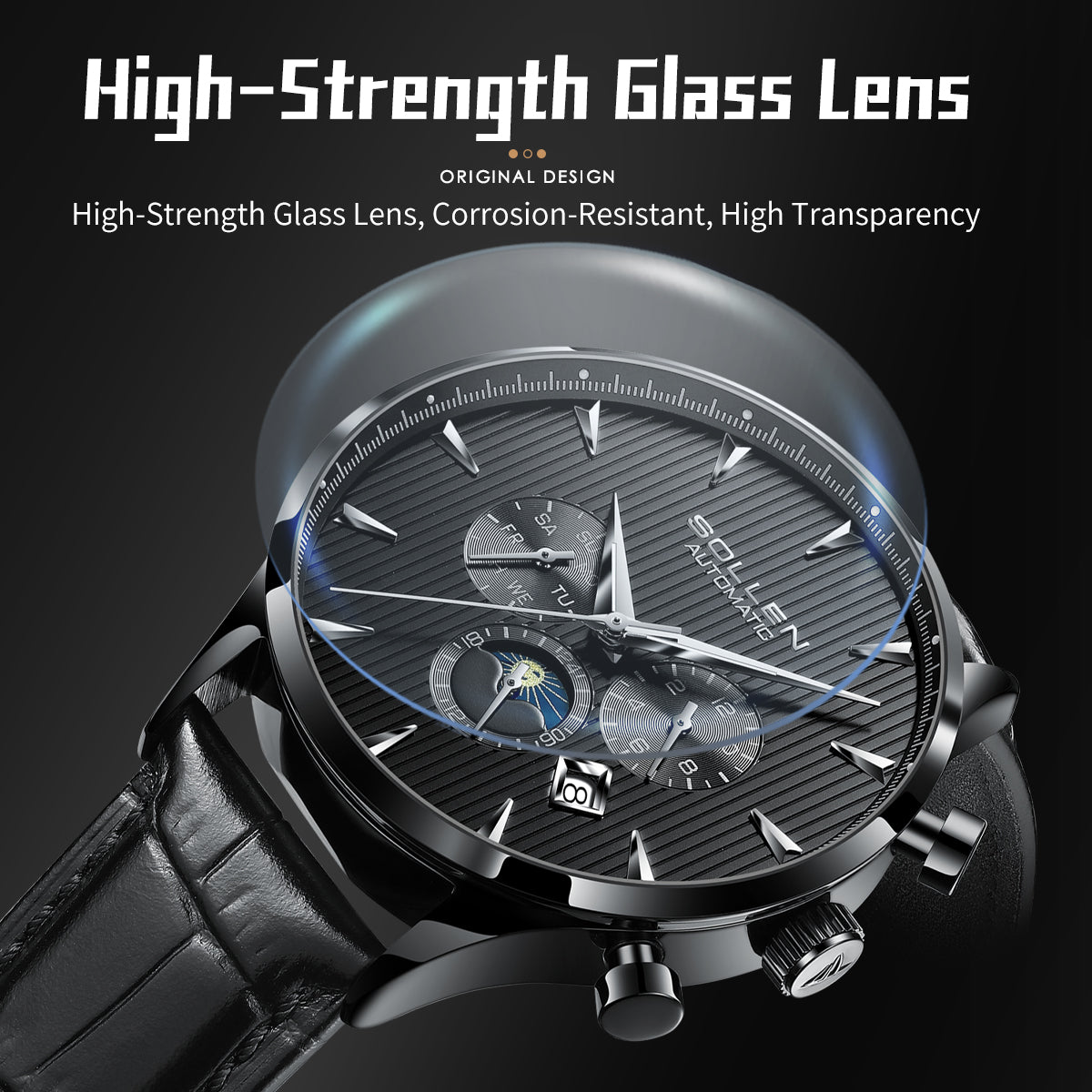 Sollen SL303 Men's Multi-Function Automatic Mechanical Watch - 41.5mm Stainless Steel Case Sun & Moon Phase Calendar Dial Wristwatch