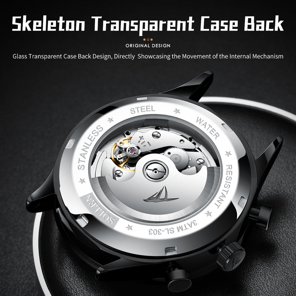 Sollen SL303 Men's Multi-Function Automatic Mechanical Watch - 41.5mm Stainless Steel Case Sun & Moon Phase Calendar Dial Wristwatch
