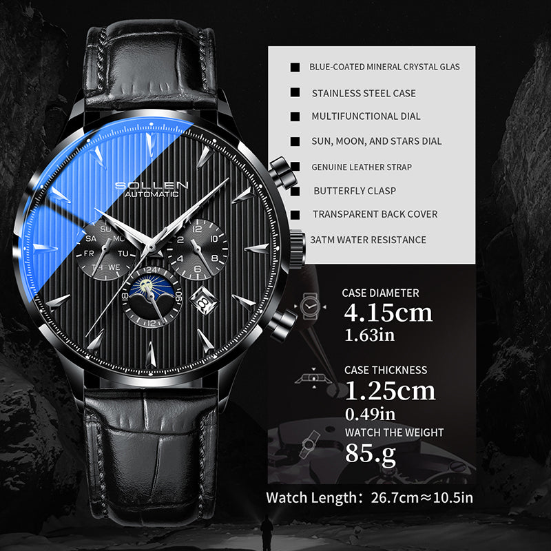 Sollen SL303 Men's Multi-Function Automatic Mechanical Watch - 41.5mm Stainless Steel Case Sun & Moon Phase Calendar Dial Wristwatch