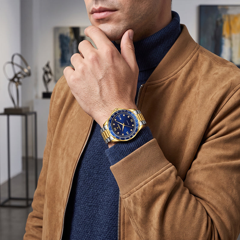 YASHIDUN YSD5080 Live Edition Men's Luxury Executive Quartz Watch - 43mm Two-Tone Gold Case Tachymeter Bezel Crystal Marker Dial 3H Date Metal Band Wristwatch