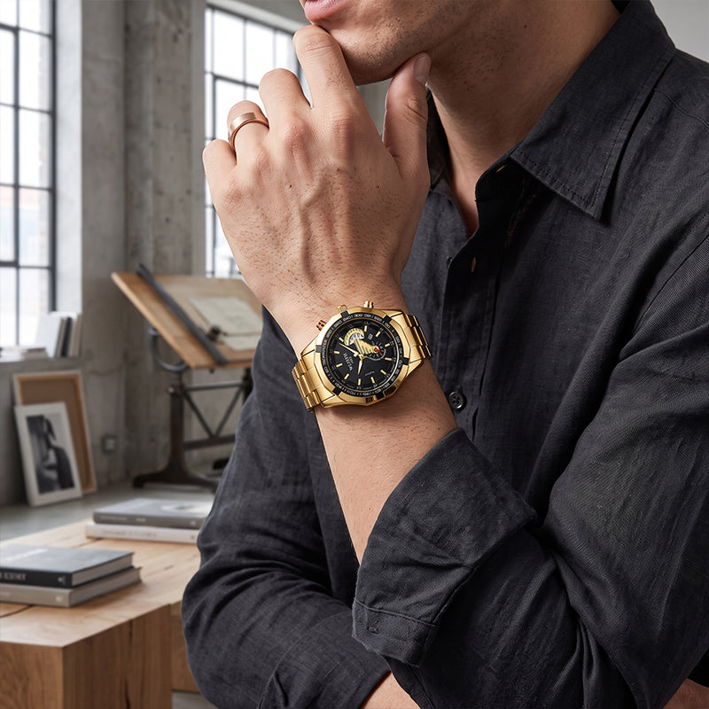 WLISTH YSD6138 Live Edition Men's Racing Chrono Style Quartz Watch - 47mm Gold Case Tachymeter Bezel Arc Calendar Window Black Dial Metal Band Wristwatch